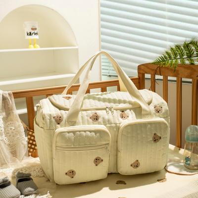 Baby Wickeltasche Süßes Bärenblumen-Stickmuster Mama Tasche Baby Beige Baumwollstoff Reißverschluss Wickel Handtasche Neue Gepäcktasche