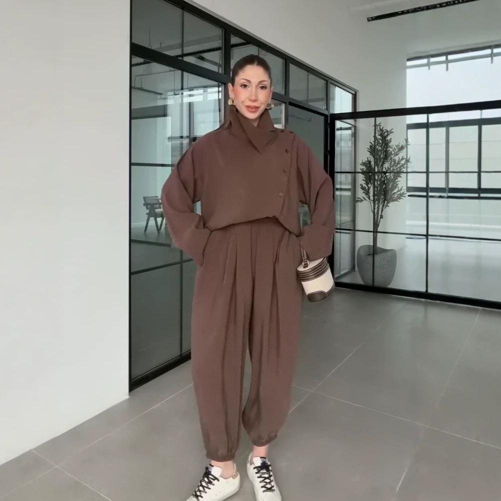 European and American Women's Clothing New Commuter Style Stand-up Collar Irregular Button Cardigan High-waisted Bloomers Set