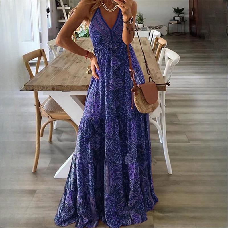 GMXIA Women's Boho Halter Long High Waist V-Neck Printed Floral Dresses