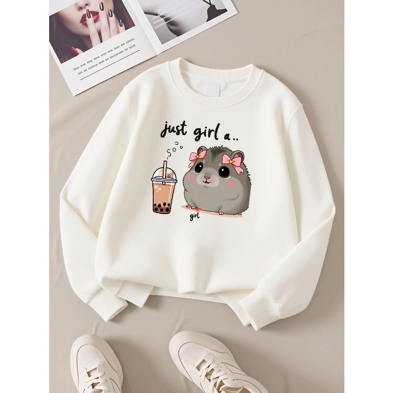 Girls' Long-Sleeve Casual Crewneck Sweatshirt | Just Girl A Hamster With Tea, Perfect For Outdoor Sports And Everyday