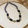 Pre-Owned Floral Geometric Rhinestone Jewelry Set with Clavicle Necklace & Earrings In Turquoise and Pearl Tones