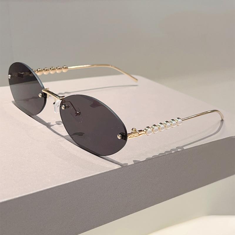 Rimless Oval Sunglasses with Pearls Women Stylish Vintage Decor Shades New Trendy Luxury Brand Design Casual Sun Glasses