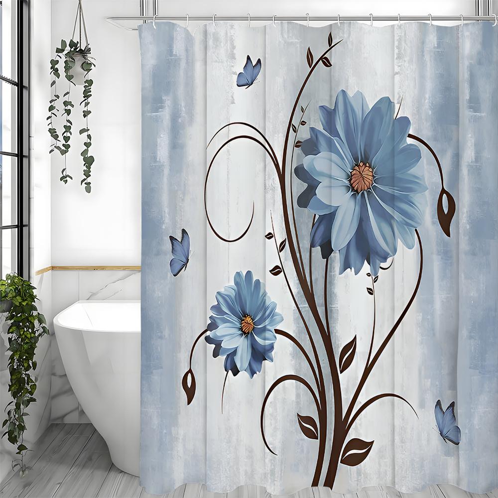 

Rustic Farmhouse Shower Curtain, Blue Daisies and Butterflies on Waterproof Fabric, Vintage Blue Floral Shower Curtain with Hook 150*180cm