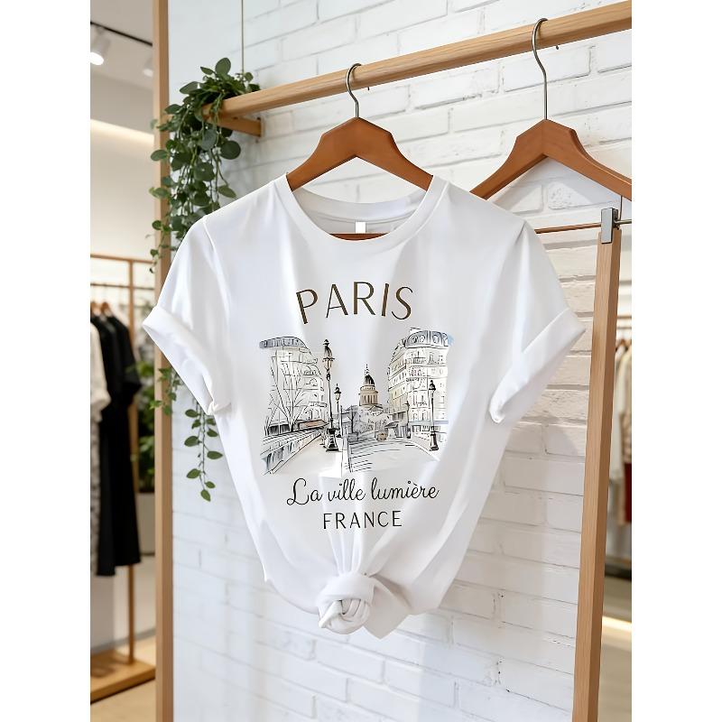 Europäische Größen Elegantes Damenhemd, Weihnachts-Paris-Print-T-Shirt, Lässiges Kurzarm-Top für Frühling und Sommer, Damenmode Rundhals-T-Shirt
