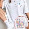 Camiseta Feminina Colorida com Estampa de Letras Oversized com Estampa de Rosto Sorridente Top Casual de Unisexga Curta com Decote Redondo