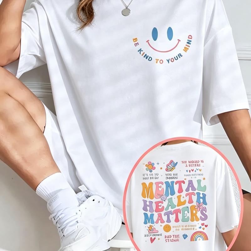 Camiseta Feminina Colorida com Estampa de Letras Oversized com Estampa de Rosto Sorridente Top Casual de Unisexga Curta com Decote Redondo