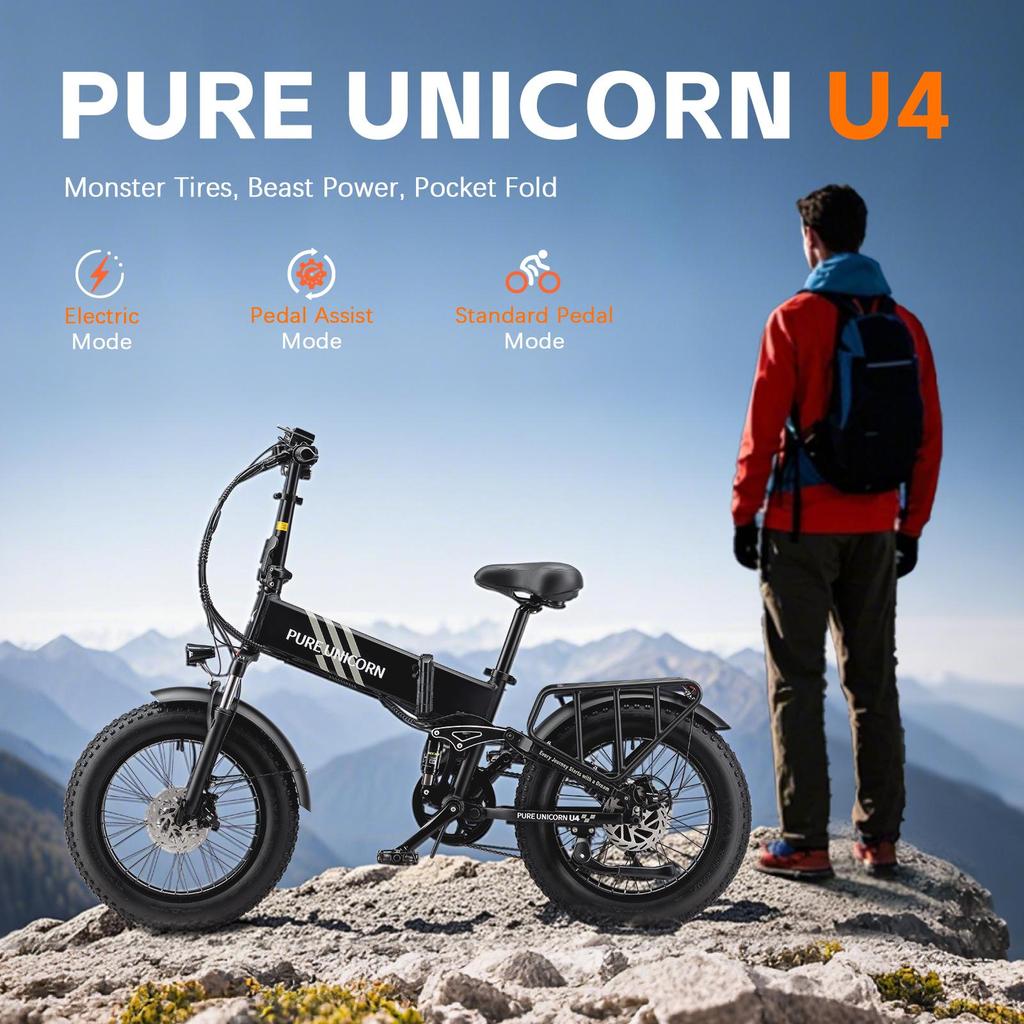 PURE UNICORN U4 Folding Electric Bike 1000W Motor 48V 15Ah Battery 20*4 inch Fat Tires 48km/h Max Speed 60km Range Shimano 7-speed