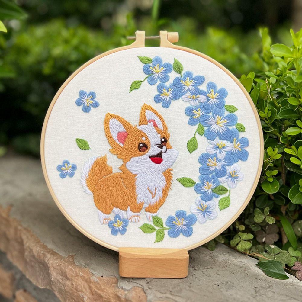 Floral Patterns Dog Embroidery Kit Corgi Embroidery Set Home Decor Cross Stitch Set Beginner