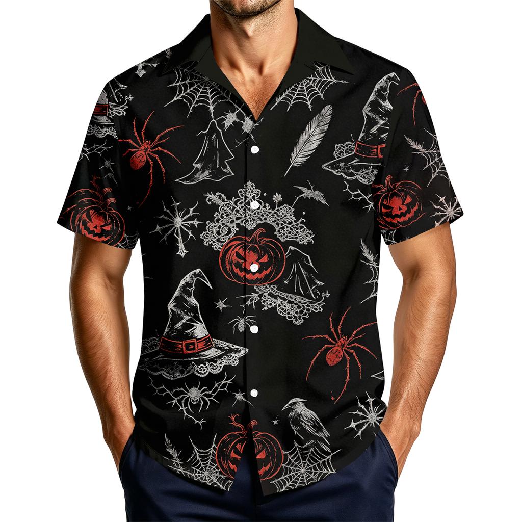 Men's Casual Short Sleeve Halloween Print Button Down Shirt