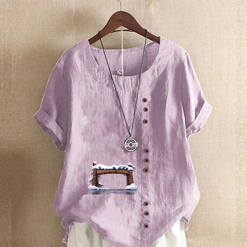 Women's Fashion Round Neck Short Sleeve T-shirt Casual Cotton Linen Graphic Shirt Leisure Loose Door Prined Summer Blouse Tops