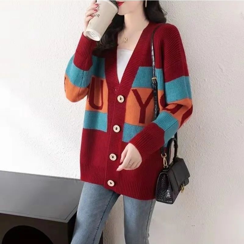 Fashionable Knitted Cardigan for Women Artistic Color-blocked Letter Sweater Cardigan Korean-style Loose Top Outerwear