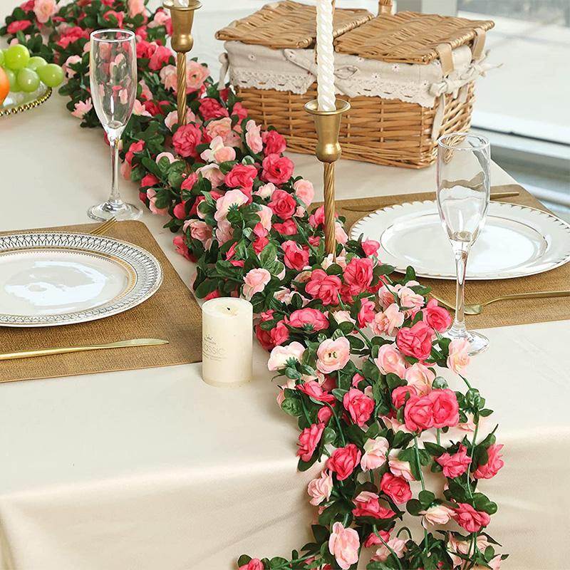 8.2ft Red Rose Artificial Silk Flower Garland Wedding Decor Fake Flowers for Home Room Decoration Autumn Fake Vine Plant Rattan