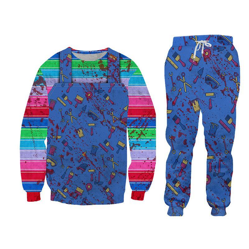 Horror-Charakter Geistpuppe Chucky Cosplay Hoodie & Hosen-Set