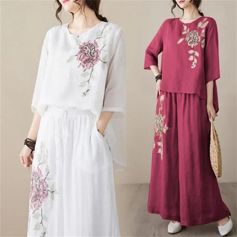 Damen Mode Baumwolle Leinen Bluse Koreanische Frauen Stickerei Zweiteiliger Anzug Sommer Damen Große Größe Weite Hosen