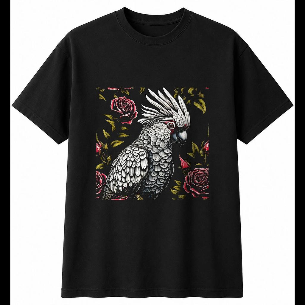 Cockatoo with Roses Mens T-Shirt Bird Black 100% Cotton Birdwatching Printed