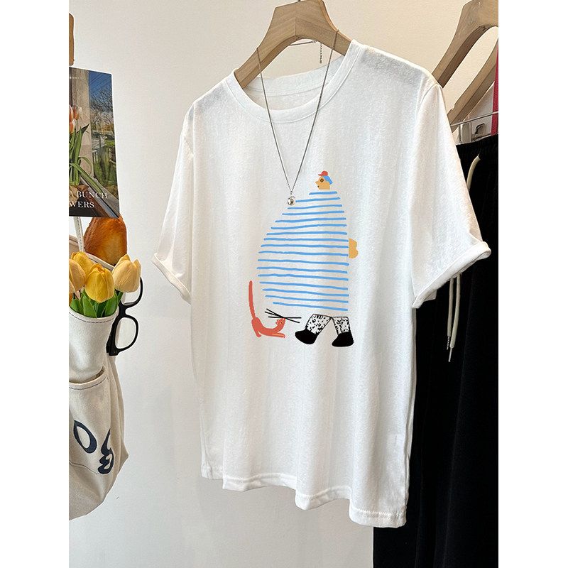 

Fat Sister 100.00kg Plus size Korean Series Western Style Cartoon Cool Snowflake Cotton Short sleeve Women Summer Loose Slimming T-shirt Top White M
