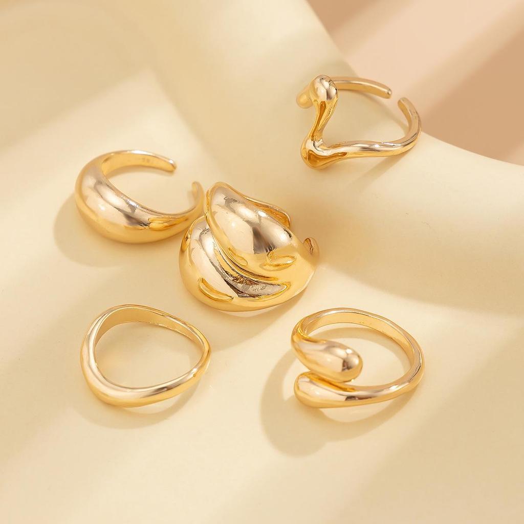 European & American Geometric Baroque Pearl Ring Set – Sweet Cool Ins Style Glossy Liquid Metal Ring