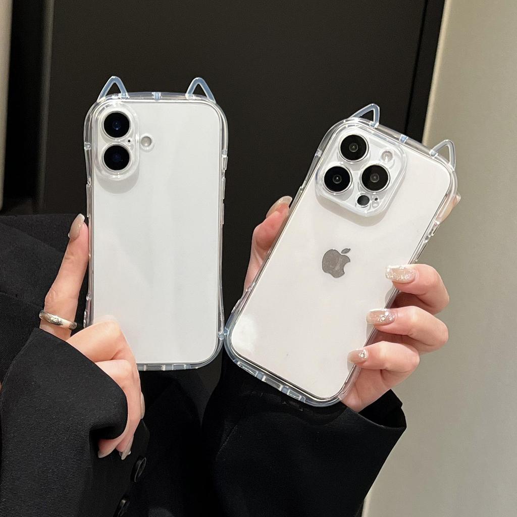 Transparent Cat Ear Phone Case for Apple 17 Pro Max, Drop-proof & Soft, Compatible with 13/12/11 Models.