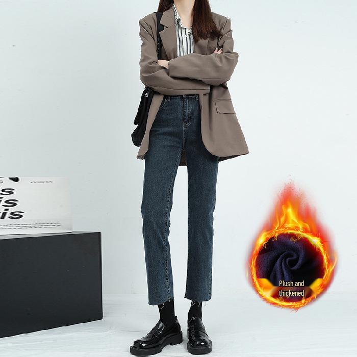2025 Winter High-Waisted Black Frayed Straight Jeans: Velvet Lined, Loose Stretch Fit for Women