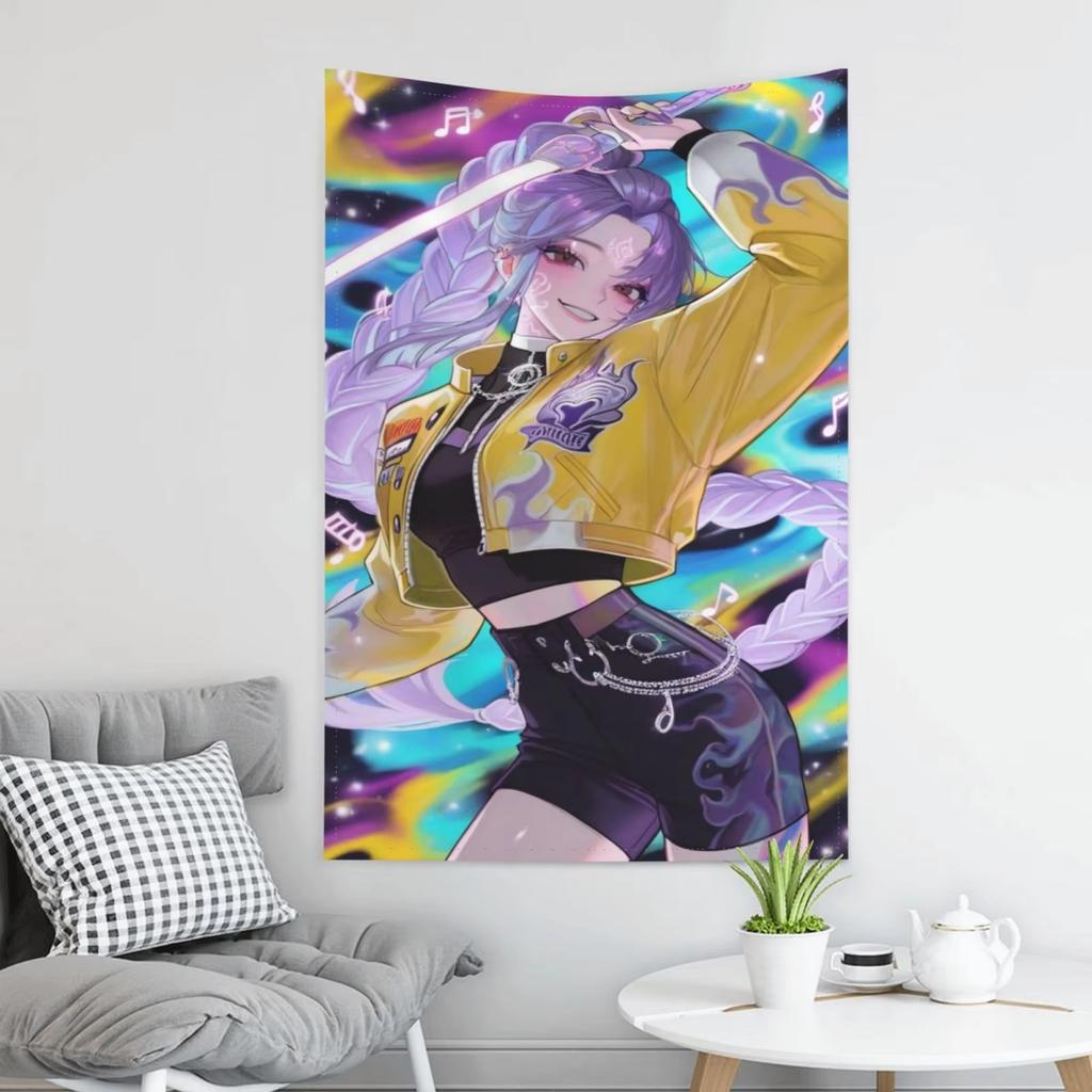 Cyberpunk Anime Girl Wall Tapestry Purple Braid Samurai Sword Art with Trippy Neon Background Wall Hanging for Bedroom Decor