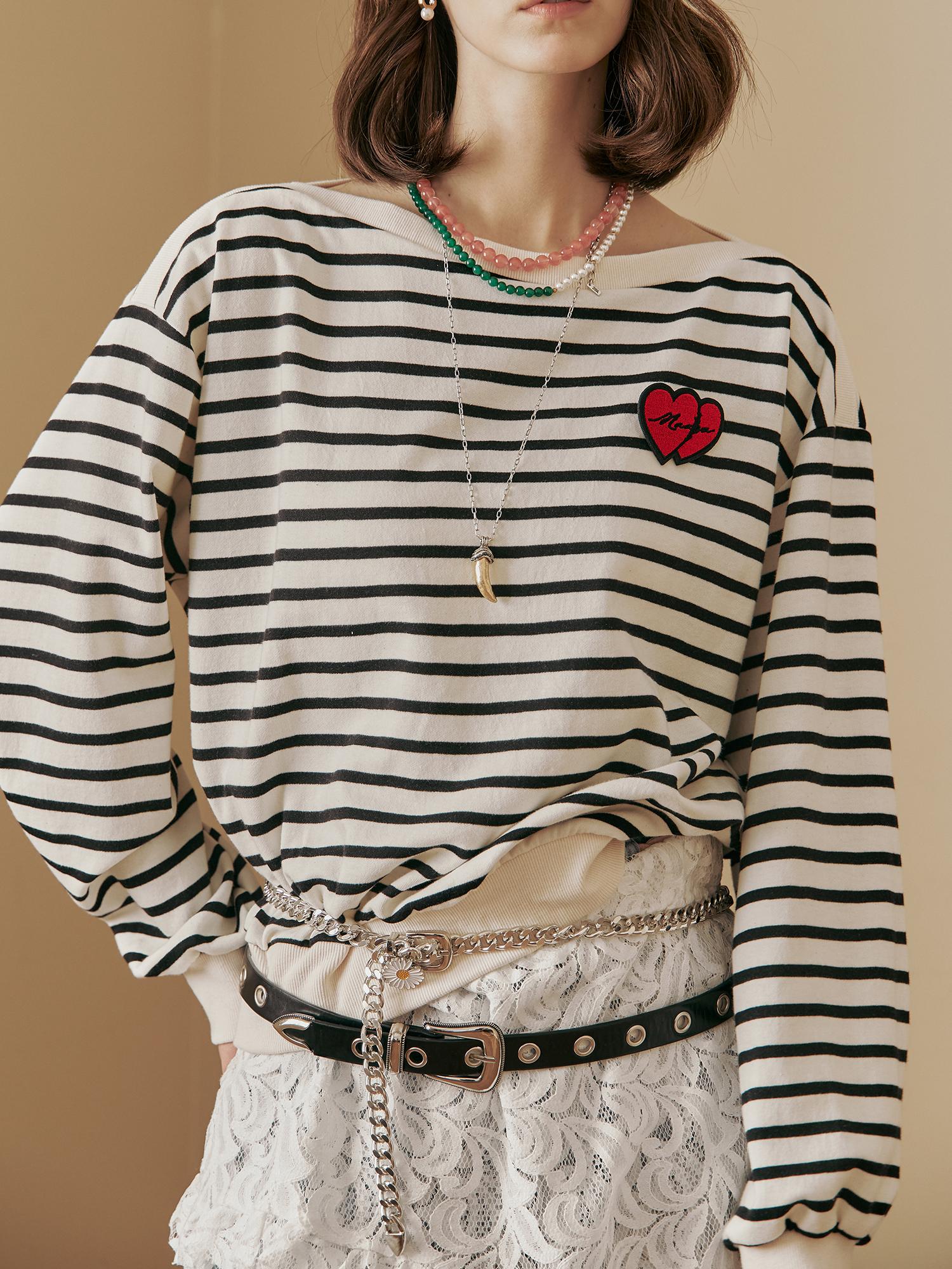 Maja Heart Wappen Boat Neck Striped Sweatshirt Ivory/Free