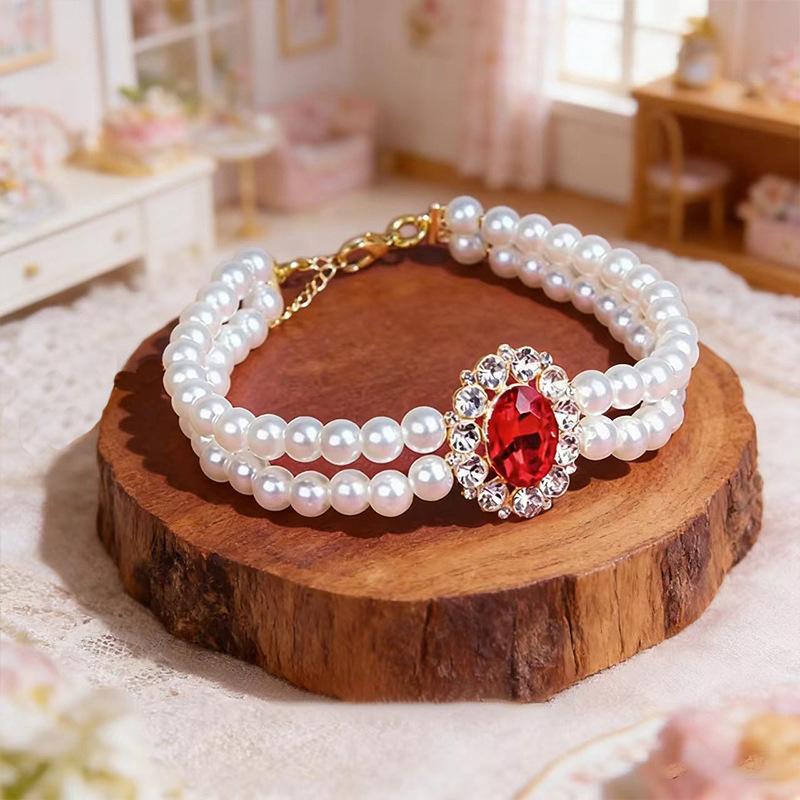 Doppellagige Perlen-Haustierhalskette Strassstein-Edelstein-Dekor Halsband für Katzen Kleine Hunde Foto-Accessoire