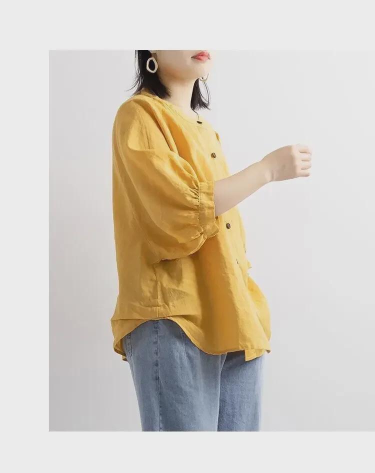 Dámský retro top s lucernovými rukávy z bavlny a lnu, volný střih, středně dlouhý rukáv, jaro/léto 2025