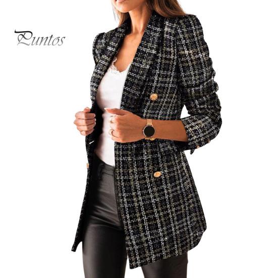 Winter Coat Women Autumn Blazer Lapel Cardigan Long Sleeves Double-breasted Slim Fit Lady Warm Casual Thick Plaid Print for Work