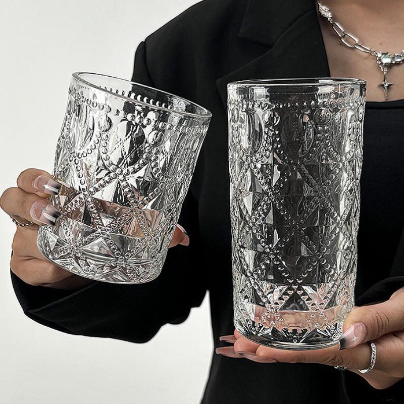 Tasse en Verre à Relief Rétro Style Nordique 360ml/380ml Tasses à Cocktail Mojito Transparentes Tasses à Jus Boissons Froides Bouteille d'Eau de Luxe Légère