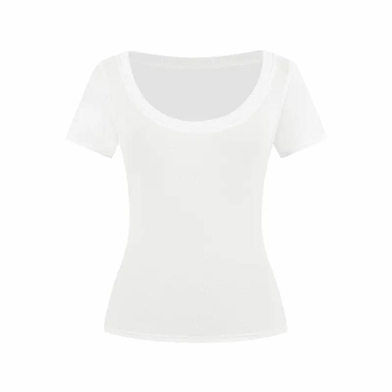 Pure Desire U-Neck Shoulder Short Sleeve T-Shirt Sexy Slim Versatile Design Spring Summer Solid Color Spice Girl Short Top