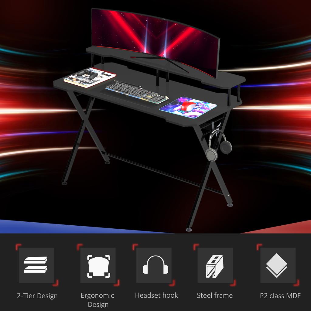 Gaming Desk Writing Racing Computer Table Workstation with Headphone Hook Curved Front Adjustable Feet for Home Office Use 140 x 60cm