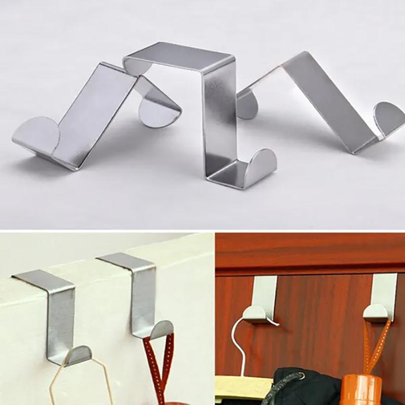 2PC Silver White Steel Kitchen Cabinet Draw Over Door Hook Clothes Hanger Holder