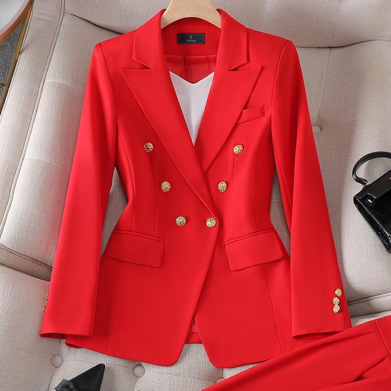Women's Rose Red Elegant Three-Piece Suit: Spring/Fall Long Sleeve Jacket.