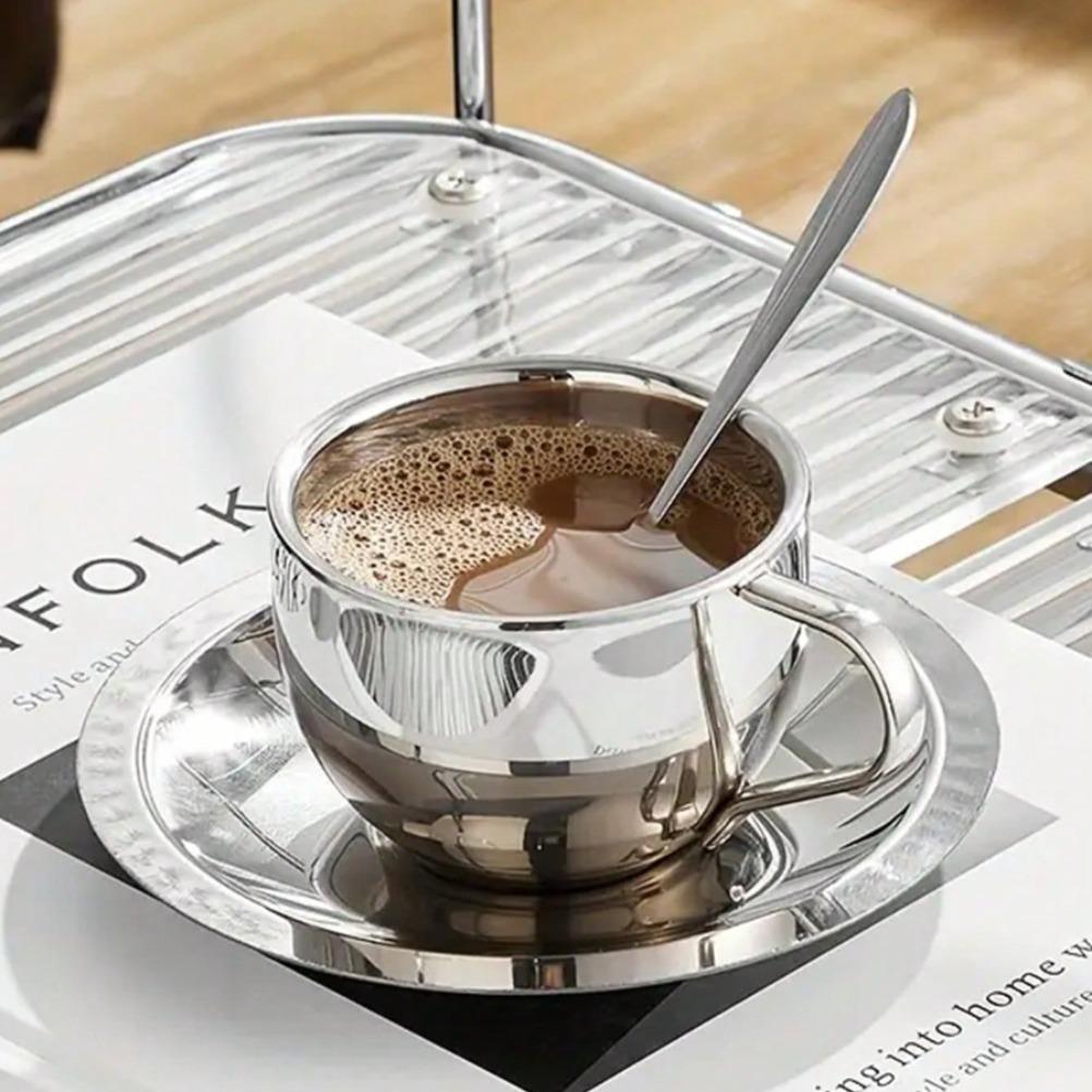 Stainless Steel Cup 3-piece Set Milan Coffee Cup Suit with Spoon Tray High Quality Stainless Steel Cups Set with Teapot