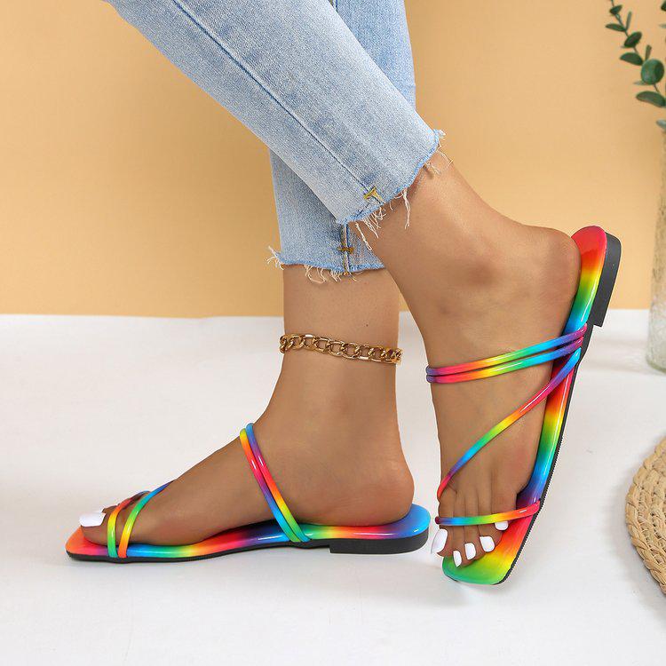 Colorful Plus Size 43 Women's Summer 2024 Shiny Flat Rainbow Slippers