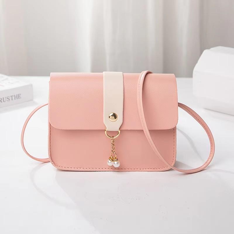 Women's PU Leather Small Square Crossbody Bag, Luxury Shoulder Bag with Pearl Pendant