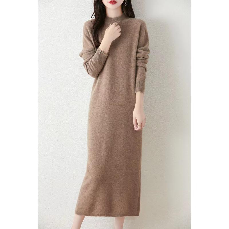 Autumn Winter Women's Wool Long Dress Cashmere Mock Neck Pullover Sweater Soft Knitwear OL Simple Basic Dress