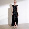 Haute Couture French Satin Draped Neck Resort Wedding Evening Gown for Women
