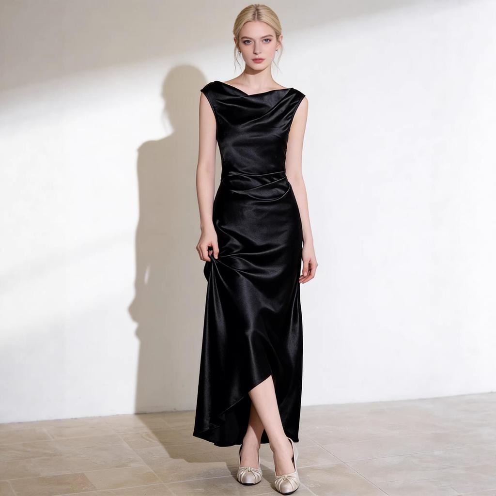 Haute Couture French Satin Draped Neck Resort Wedding Evening Gown for Women