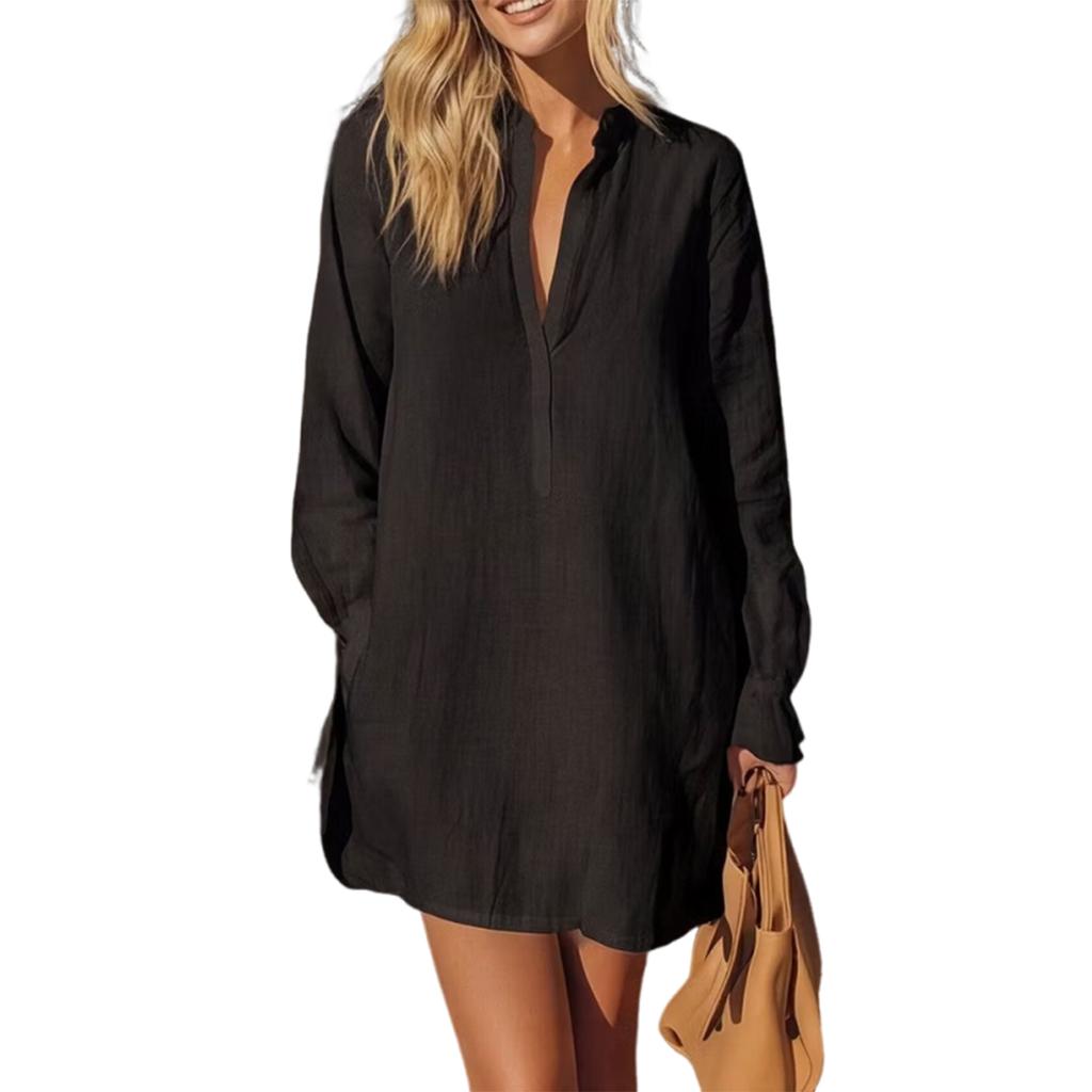 Abito a camicia da donna a vestibilità larga, manica lunga, collo Henley, tunica casual, tessuto leggero e confortevole