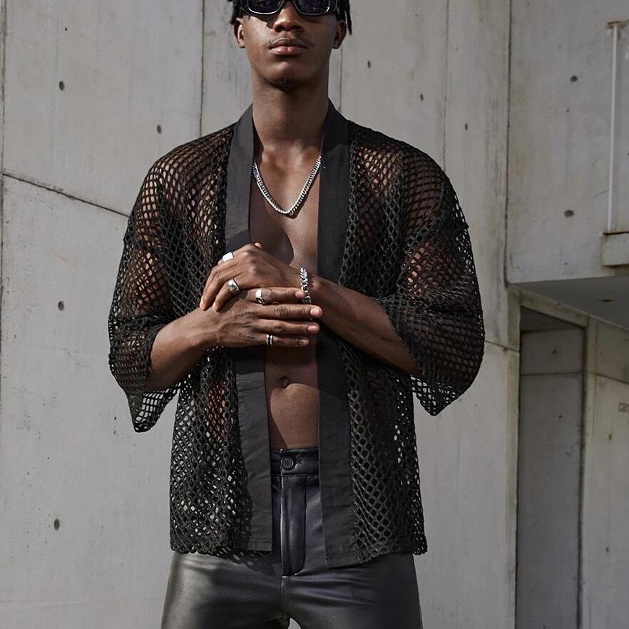 Herren Sexy Mesh Hollow Out Cardigan Schal T-Shirt | Europäische & Amerikanische Mode Performance Top