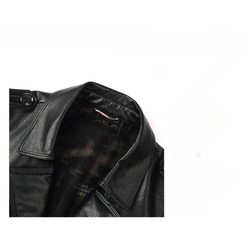 Autumn and Winter Genuine Leather Jacket for Men, Sheepskin, Medium and Long Casual Velvet Motorcycle Wallet Jacket for Young and Middle-aged People