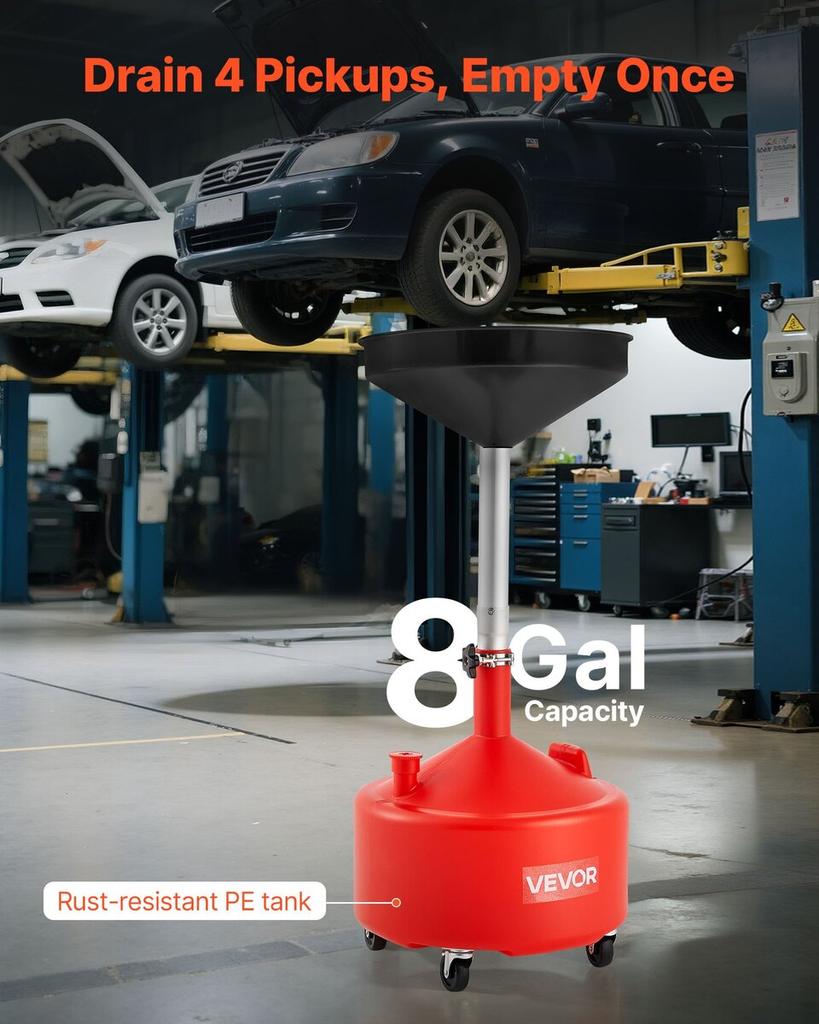 30L Waste Oil Drain Tank, Industrial Fluid Drain Tank with Adjustable Funnel Height, Portable Oil Drainer with Wheels, Fluid Fuel Transfer Drainage