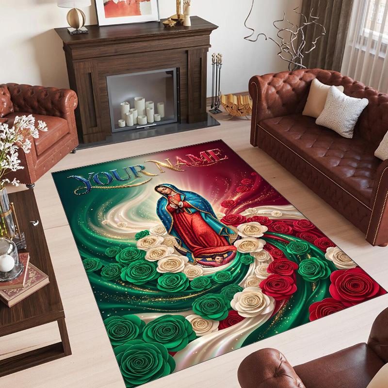 Virgin Mary Theme Crystal Velvet Rug Personalized Custom Name Text Soft Floor Mat Home Decor