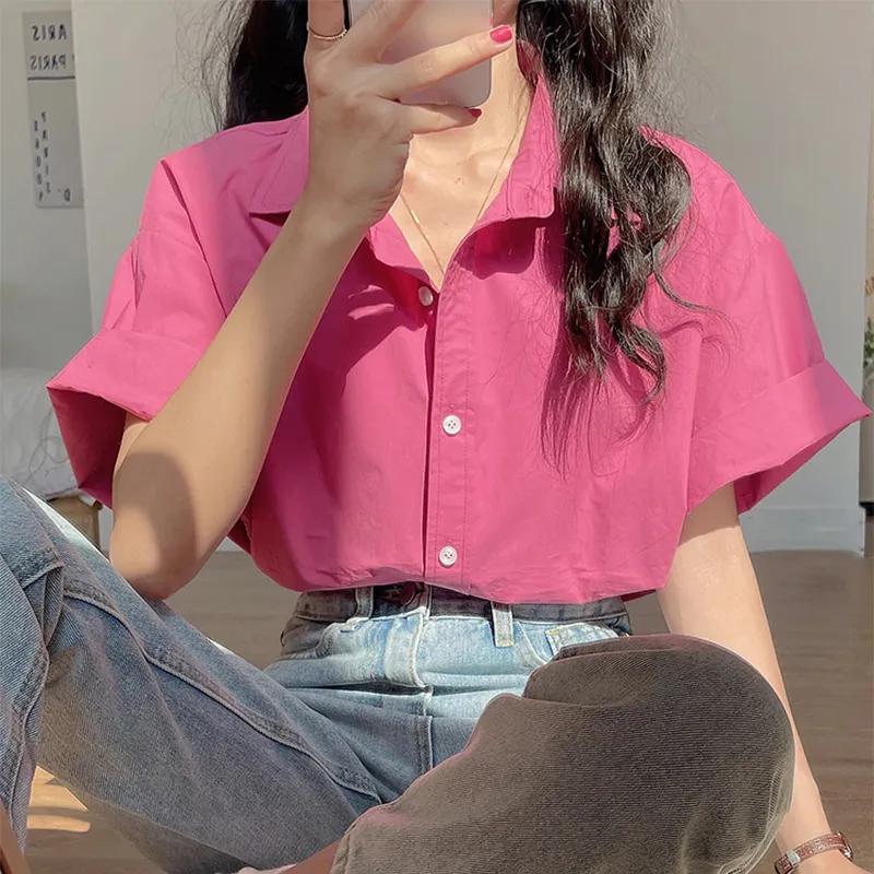 Women s Pink Turn-Down Collar Short Sleeve Loose Fit Casual Cropped Blouse S