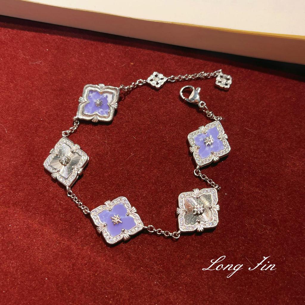 French Retro Raspuche Four-Leaf Clover Blue-Purple Suit, Bracelet Necklace, Earrings, Court Style, Light Luxury And Versatile.