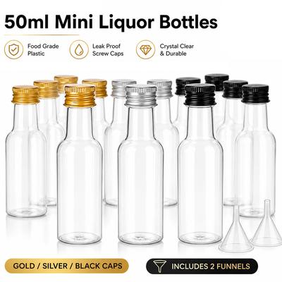 10 UNIDADES Mini Garrafas de Licor 50ml Garrafas de Destilados de Plástico Tampas Prata/Dourada/Preta Garrafas de Shot de Álcool