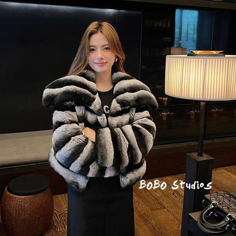 

Winter Chinchilla new fashionable lady daughter wind fur imitation Rex rabbit lapel fur coat women s thickened short L