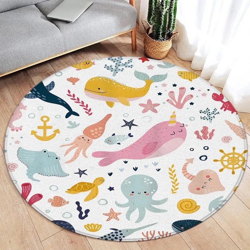 Wildlife Cartoon Animals Round Carpet Cute Dinosaur Whale Themed Kids Bedroom Rug Home Living Room Decorative Floor Mats