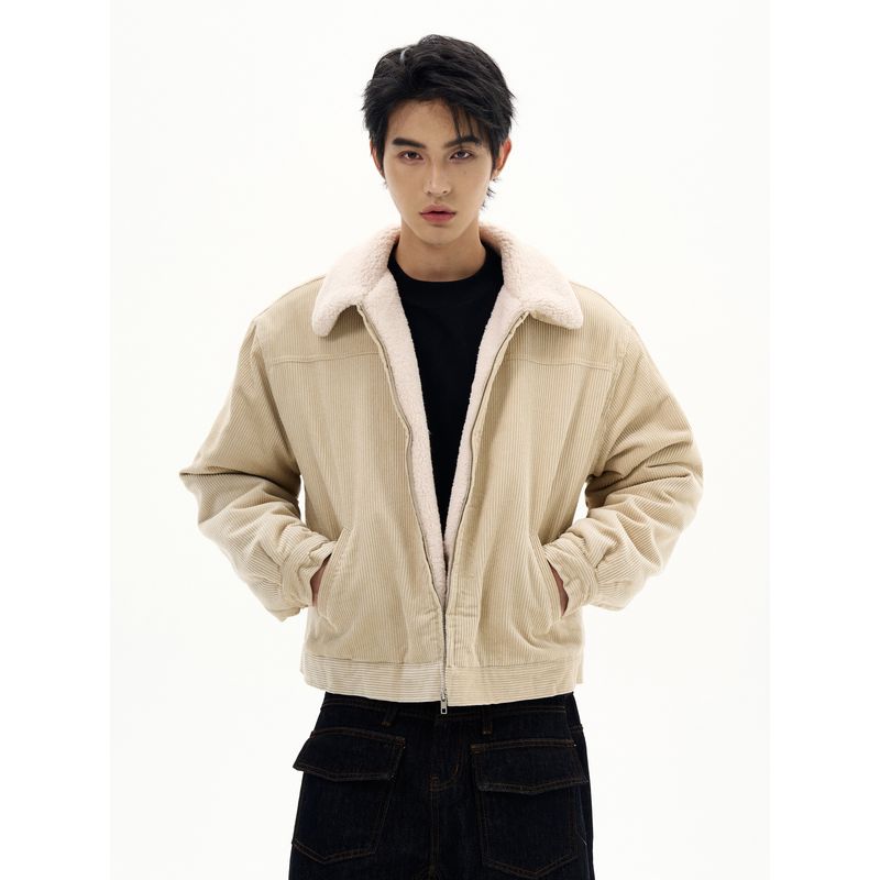 Kisko Barn Style Winter Corduroy Fur Collar Thickened Cotton Jacket for Men and Women, High-End Loose Casual Short Coat